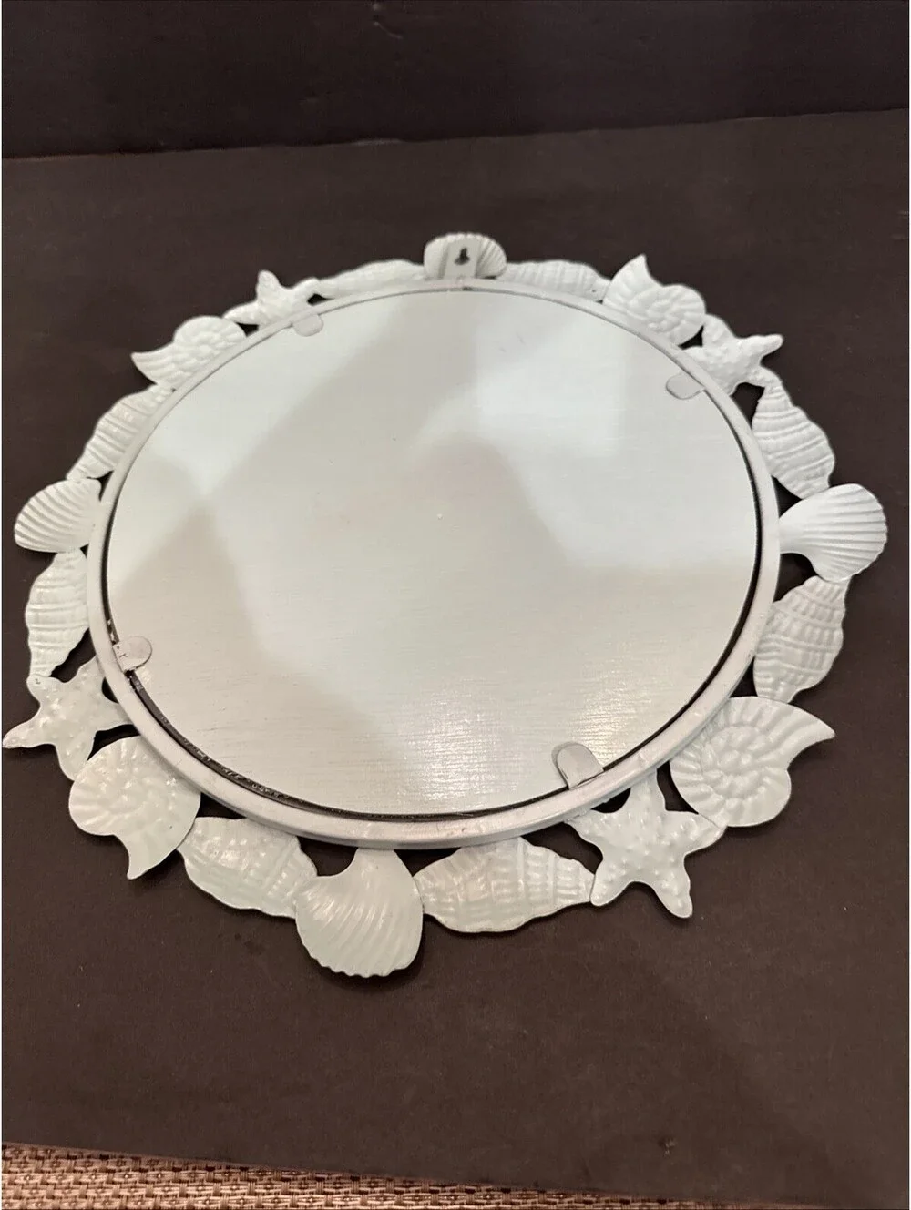 Vintage Round Seashell Metal Mirror /Tray 14.5” Coastal Beach House Nautical